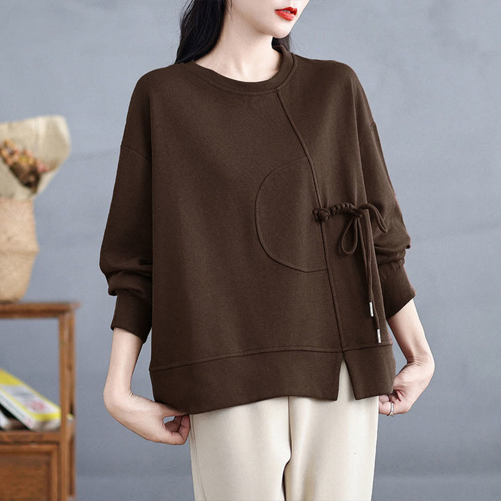 Sudadera de manga larga para mujer, cuello redondo, diseño liso con botones de rana y Buddha Stones. - image 3