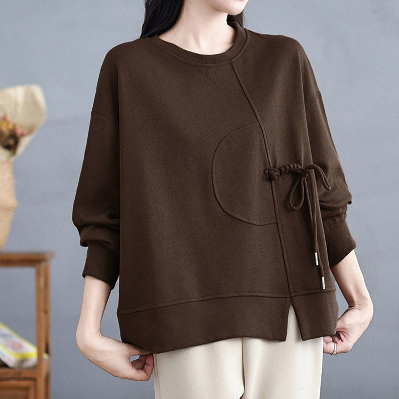 Sudadera de manga larga para mujer, cuello redondo, diseño liso con botones de rana y Buddha Stones. - Marrón silla de montar - US12, UK/AU16, EU44 (3XL) - image 1