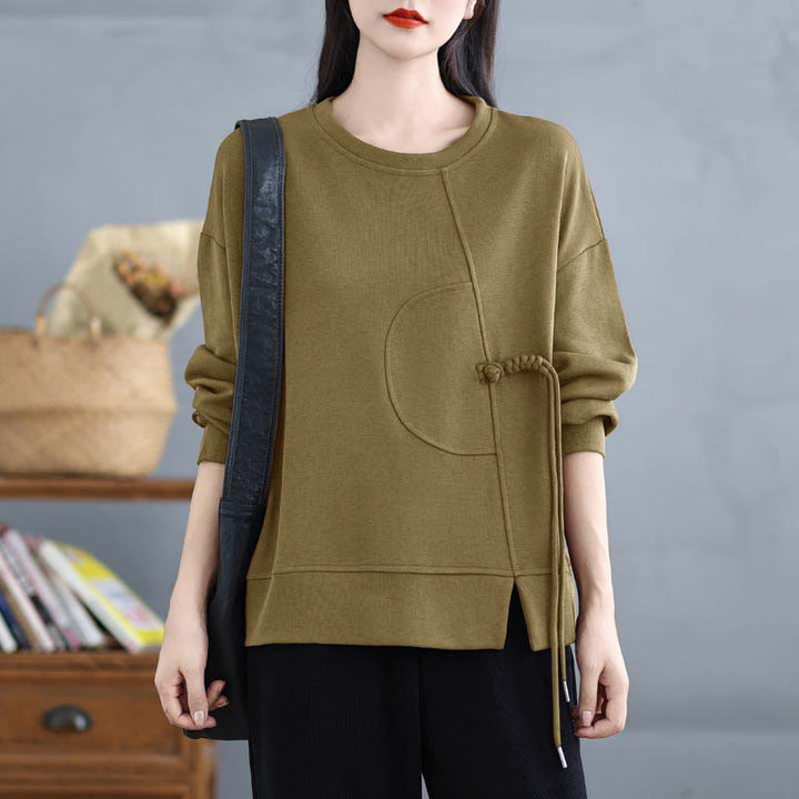 Sudadera de manga larga para mujer, cuello redondo, diseño liso con botones de rana y Buddha Stones. - Caqui oscuro - US12, UK/AU16, EU44 (3XL) - image 20