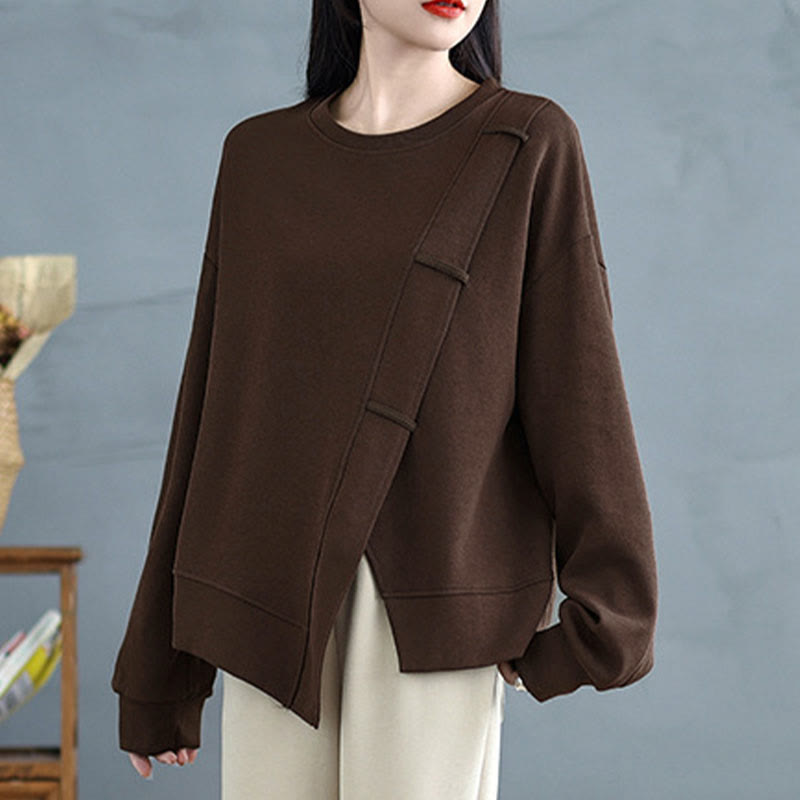 Sudadera de algodón para mujer con diseño asimétrico de color sólido y cuello redondo con estampado de Buddha Stones. - image 1