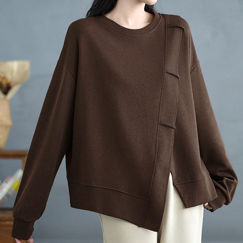 Sudadera de algodón para mujer con diseño asimétrico de color sólido y cuello redondo con estampado de Buddha Stones. - image 4