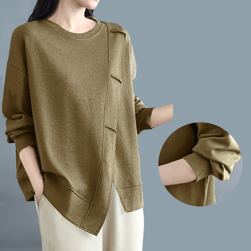 Sudadera de algodón para mujer con diseño asimétrico de color sólido y cuello redondo con estampado de Buddha Stones. - image 19