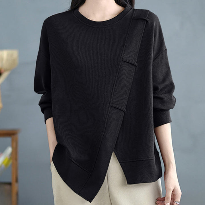 Sudadera de algodón para mujer con diseño asimétrico de color sólido y cuello redondo con estampado de Buddha Stones. - image 23