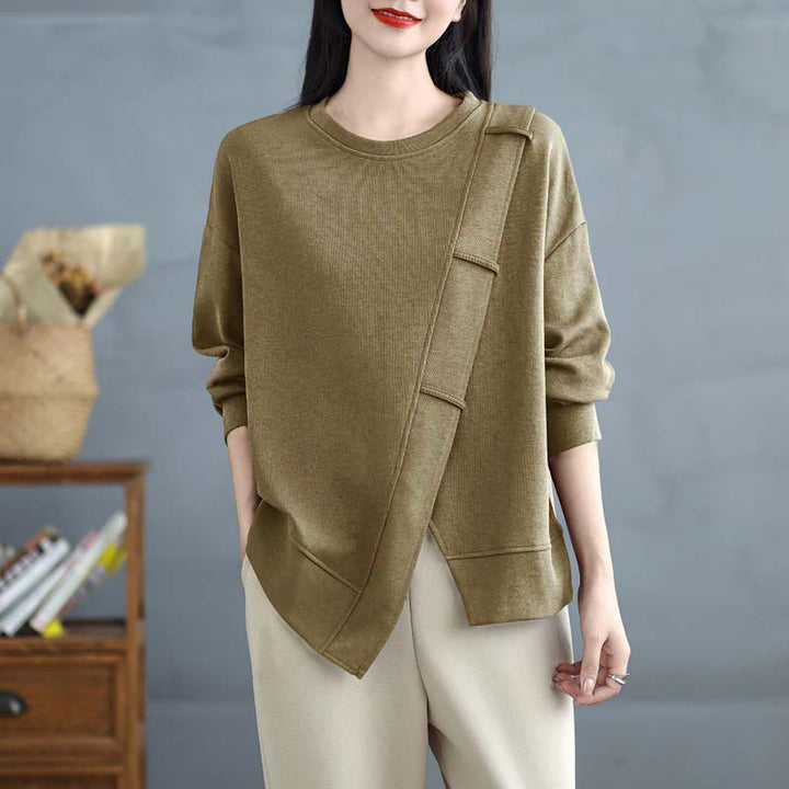 Sudadera de algodón para mujer con diseño asimétrico de color sólido y cuello redondo con estampado de Buddha Stones. - image 17