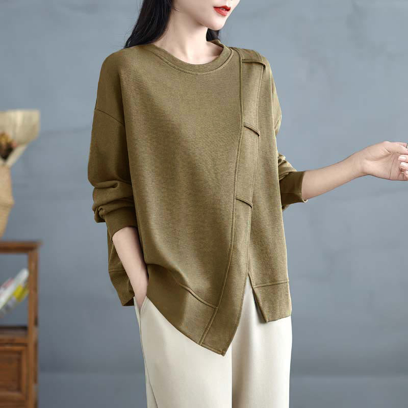 Sudadera de algodón para mujer con diseño asimétrico de color sólido y cuello redondo con estampado de Buddha Stones. - Caqui oscuro - US12, UK/AU16, EU44 (3XL) - image 15