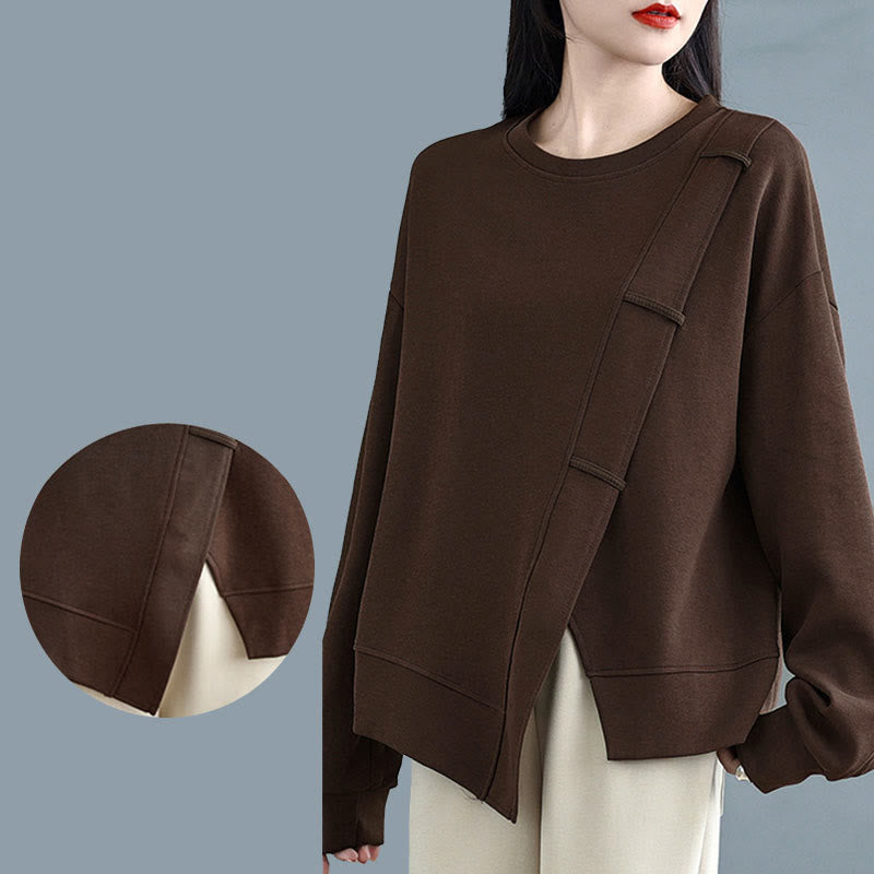 Sudadera de algodón para mujer con diseño asimétrico de color sólido y cuello redondo con estampado de Buddha Stones. - image 9