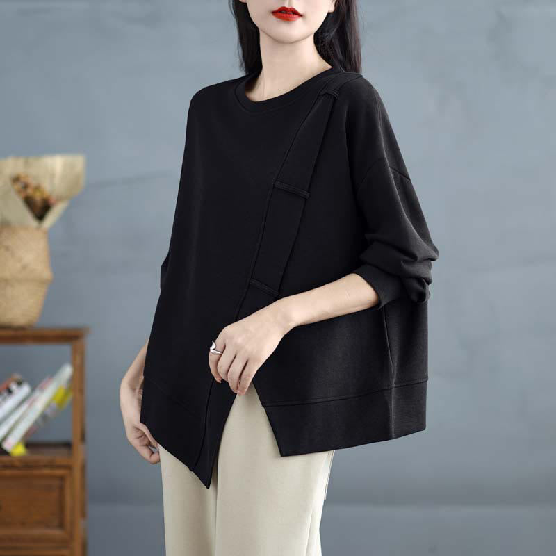 Sudadera de algodón para mujer con diseño asimétrico de color sólido y cuello redondo con estampado de Buddha Stones. - Negro - US12, UK/AU16, EU44 (3XL) - image 20