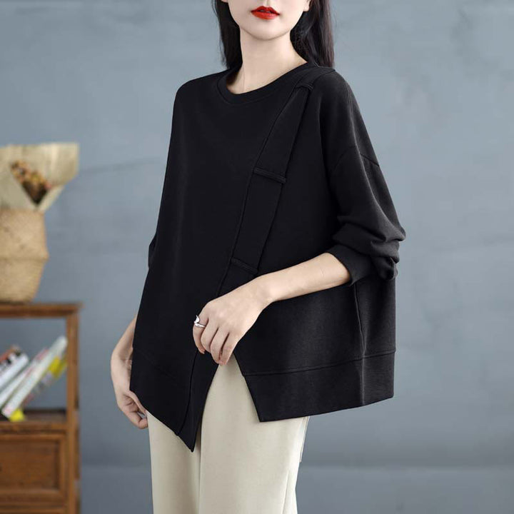 Sudadera de algodón para mujer con diseño asimétrico de color sólido y cuello redondo con estampado de Buddha Stones. - Negro - US12, UK/AU16, EU44 (3XL) - image 20