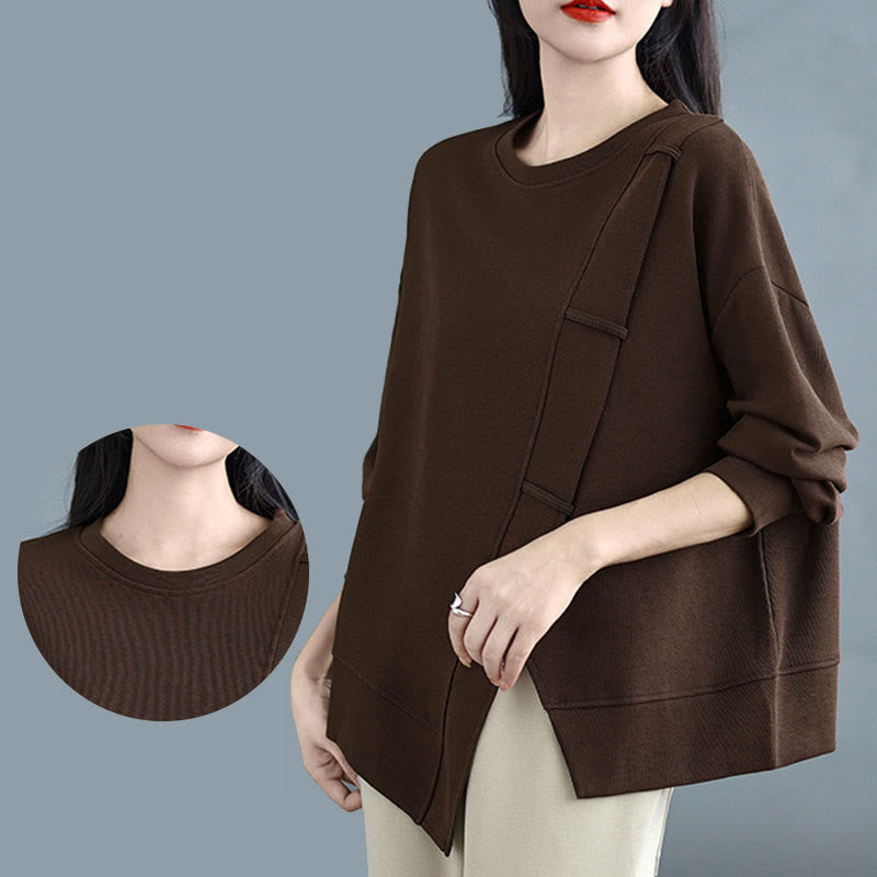 Sudadera de algodón para mujer con diseño asimétrico de color sólido y cuello redondo con estampado de Buddha Stones. - image 6