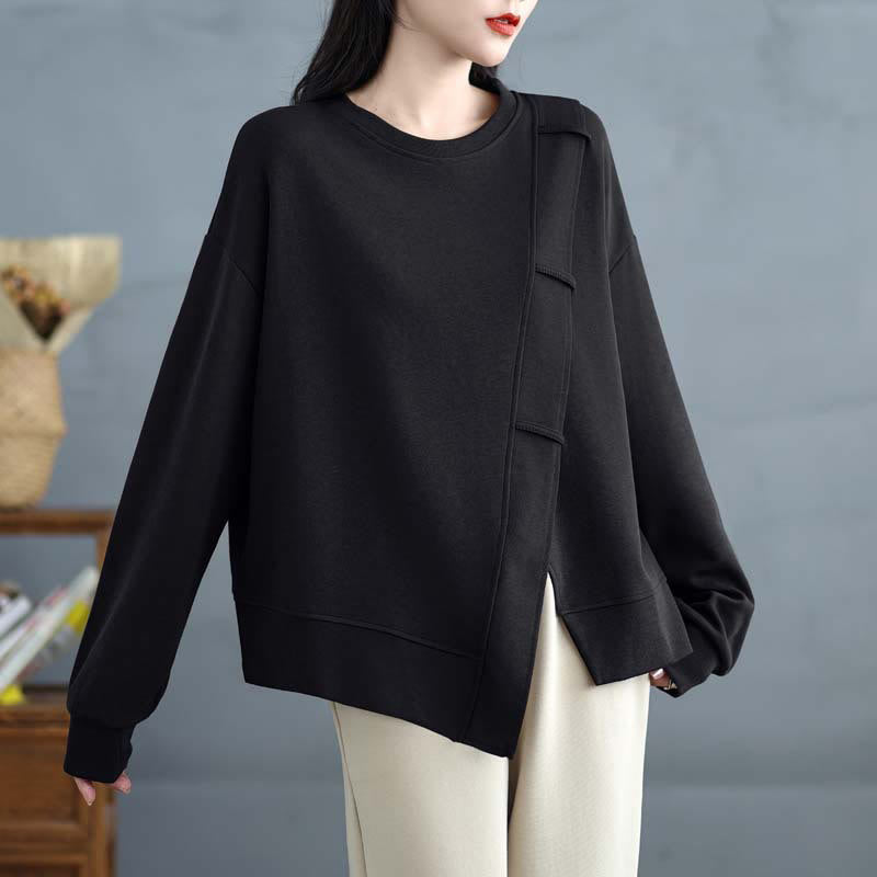 Sudadera de algodón para mujer con diseño asimétrico de color sólido y cuello redondo con estampado de Buddha Stones. - image 21