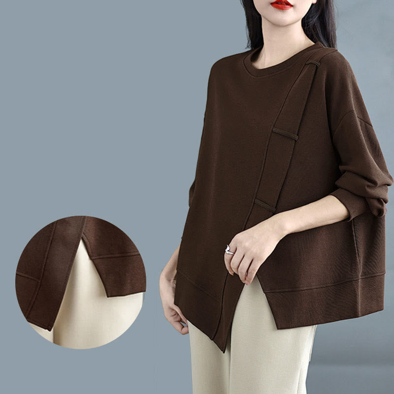 Sudadera de algodón para mujer con diseño asimétrico de color sólido y cuello redondo con estampado de Buddha Stones. - image 8