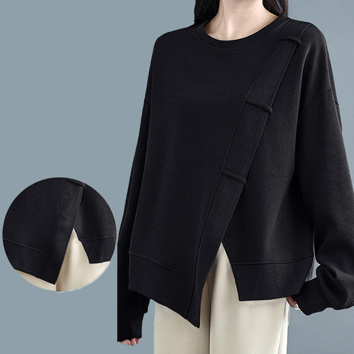 Sudadera de algodón para mujer con diseño asimétrico de color sólido y cuello redondo con estampado de Buddha Stones. - image 24