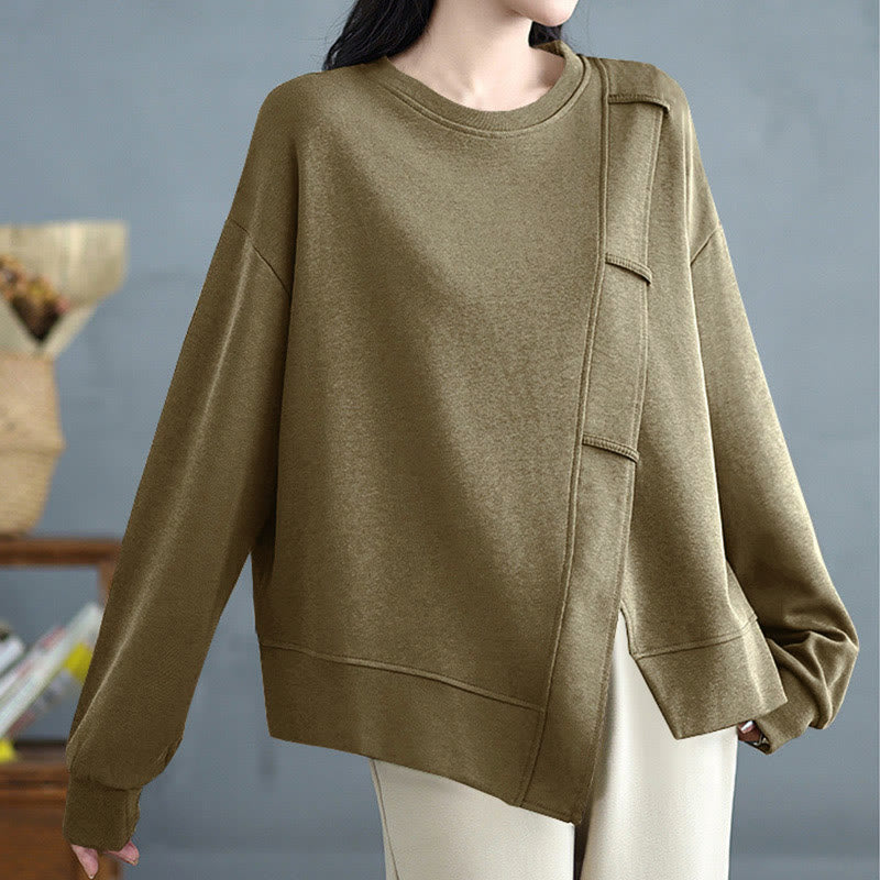 Sudadera de algodón para mujer con diseño asimétrico de color sólido y cuello redondo con estampado de Buddha Stones. - image 18