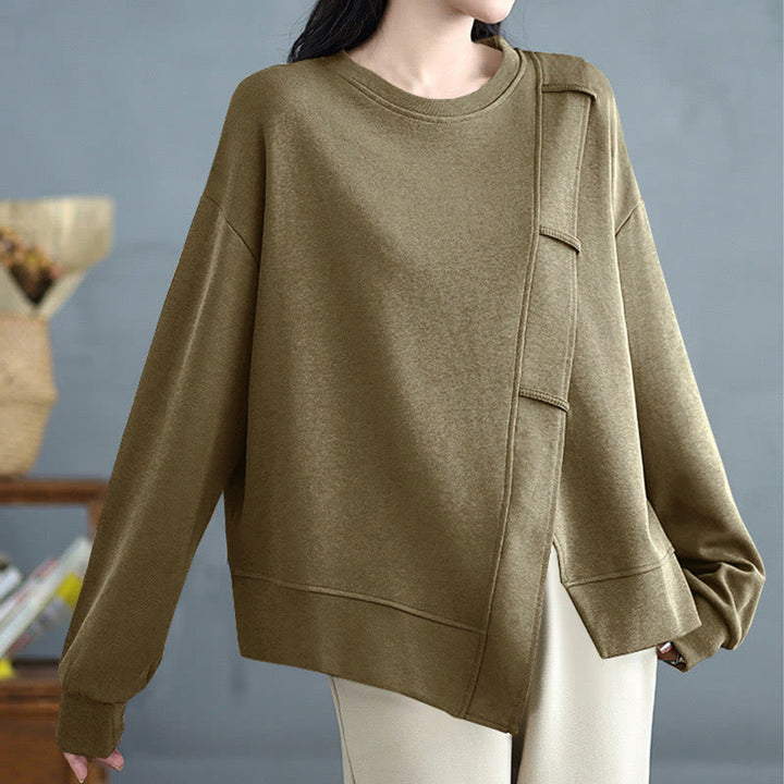 Sudadera de algodón para mujer con diseño asimétrico de color sólido y cuello redondo con estampado de Buddha Stones. - image 18