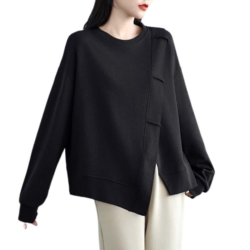 Sudadera de algodón para mujer con diseño asimétrico de color sólido y cuello redondo con estampado de Buddha Stones. - image 25