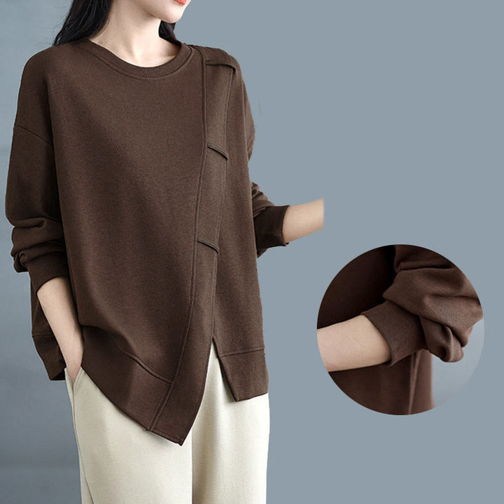 Sudadera de algodón para mujer con diseño asimétrico de color sólido y cuello redondo con estampado de Buddha Stones. - image 7