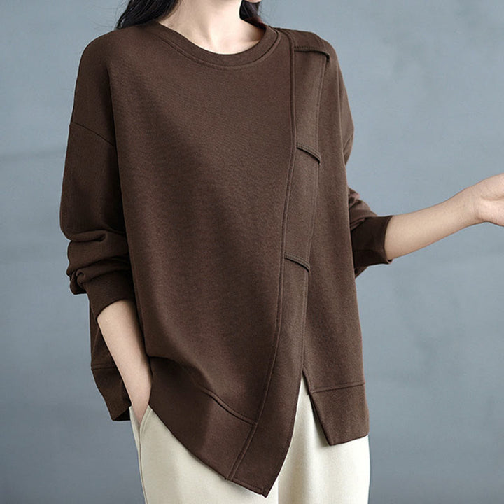 Sudadera de algodón para mujer con diseño asimétrico de color sólido y cuello redondo con estampado de Buddha Stones. - image 2