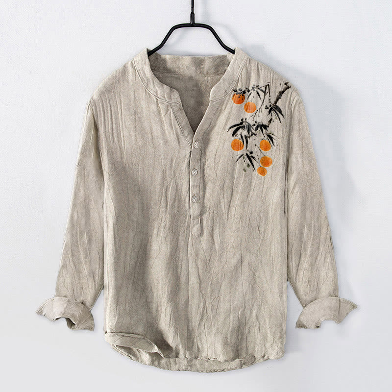 Camisa de manga larga para hombre, de algodón y lino, con botones a la mitad y estampado elegante de naranjos con Buddha Stones. - Lino - US/UK/AU50, EU60 (5XL) - image 0