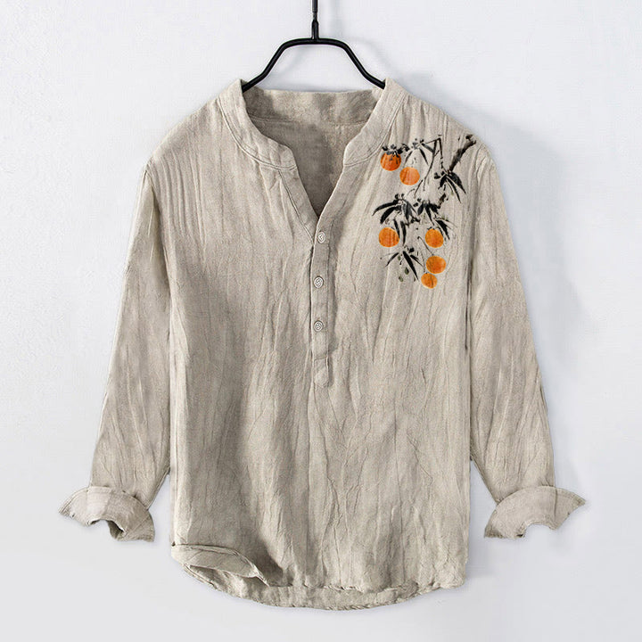 Camisa de manga larga para hombre, de algodón y lino, con botones a la mitad y estampado elegante de naranjos con Buddha Stones. - Lino - US/UK/AU50, EU60 (5XL) - image 0