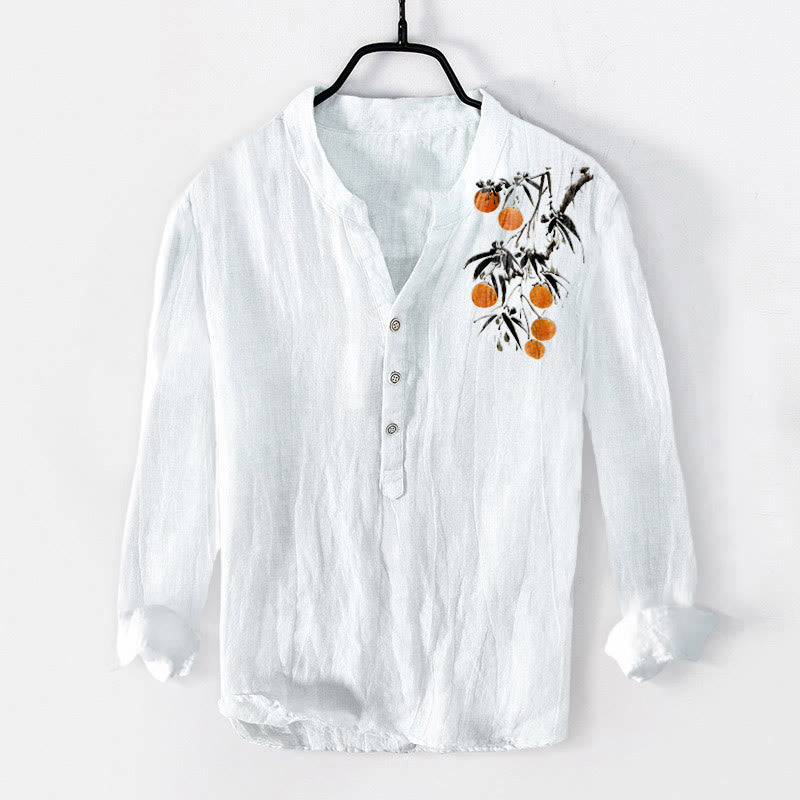 Camisa de manga larga para hombre, de algodón y lino, con botones a la mitad y estampado elegante de naranjos con Buddha Stones. - Blanco - US/UK/AU50, EU60 (5XL) - image 3