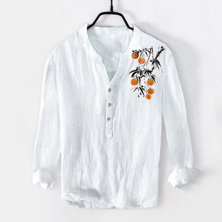 Camisa de manga larga para hombre, de algodón y lino, con botones a la mitad y estampado elegante de naranjos con Buddha Stones. - Blanco - US/UK/AU50, EU60 (5XL) - image 3