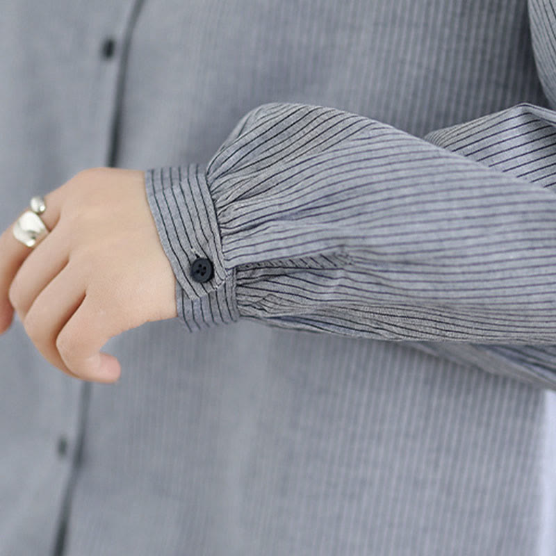 Camisa de manga larga de algodón para mujer con estampado de cuadros y rayas otoñales con Buddha Stones y dobladillo con volantes y botones. - image 18