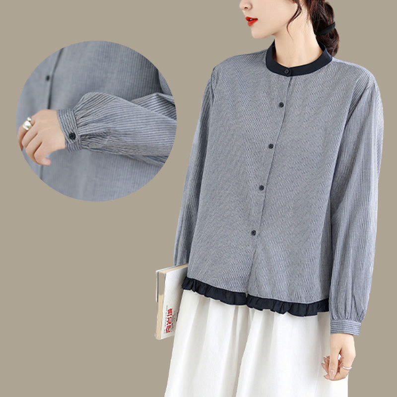 Camisa de manga larga de algodón para mujer con estampado de cuadros y rayas otoñales con Buddha Stones y dobladillo con volantes y botones. - image 14