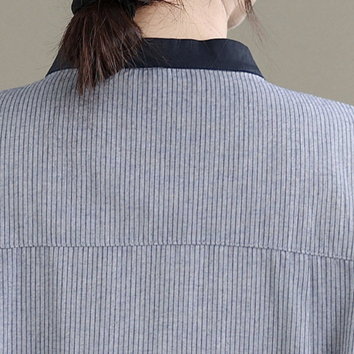 Camisa de manga larga de algodón para mujer con estampado de cuadros y rayas otoñales con Buddha Stones y dobladillo con volantes y botones. - image 17