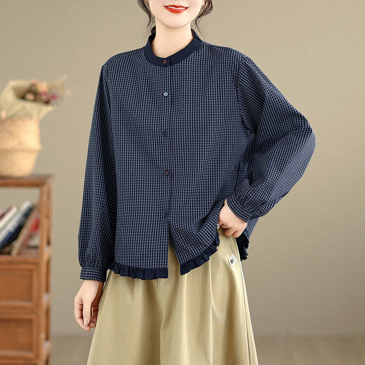 Camisa de manga larga de algodón para mujer con estampado de cuadros y rayas otoñales con Buddha Stones y dobladillo con volantes y botones. - Cuadros azul medianoche - US8-10，UK/AU12-14，EU40-42 (2XL) - image 0