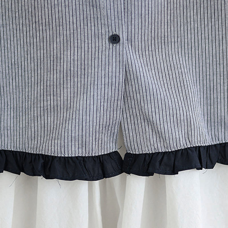 Camisa de manga larga de algodón para mujer con estampado de cuadros y rayas otoñales con Buddha Stones y dobladillo con volantes y botones. - image 20