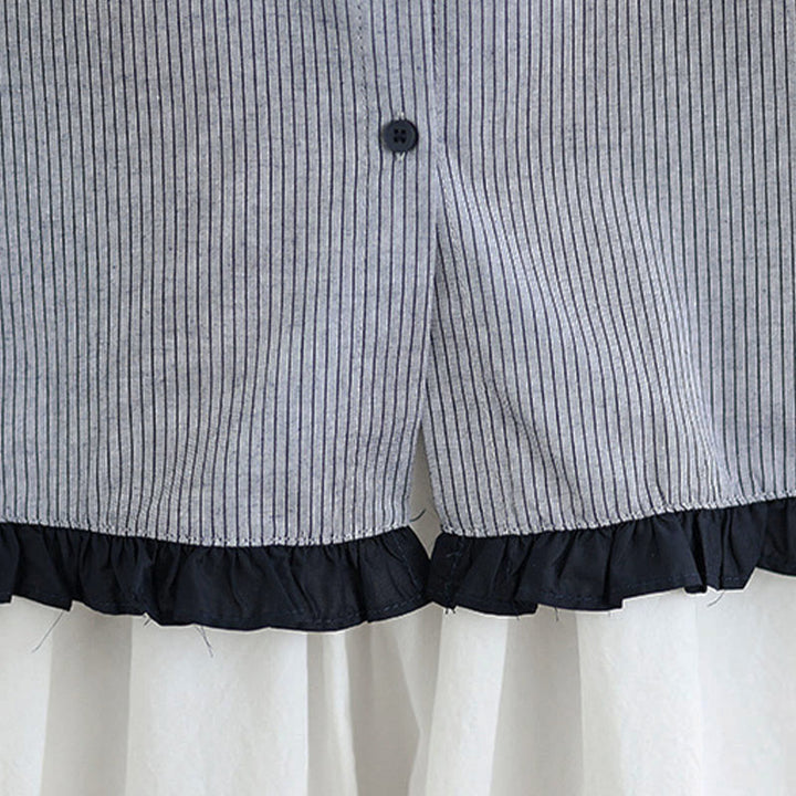 Camisa de manga larga de algodón para mujer con estampado de cuadros y rayas otoñales con Buddha Stones y dobladillo con volantes y botones. - image 20