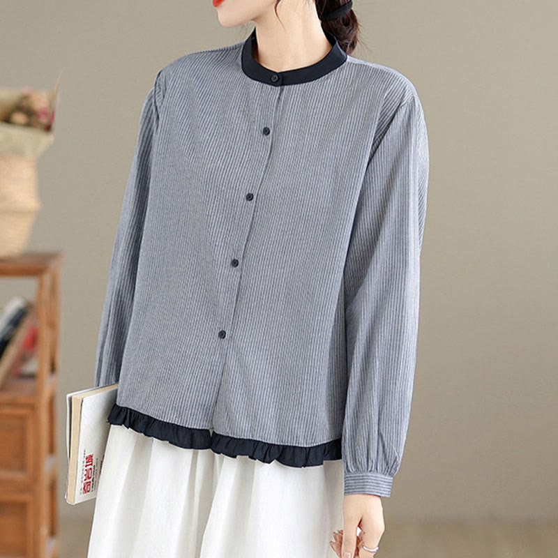 Camisa de manga larga de algodón para mujer con estampado de cuadros y rayas otoñales con Buddha Stones y dobladillo con volantes y botones. - image 8