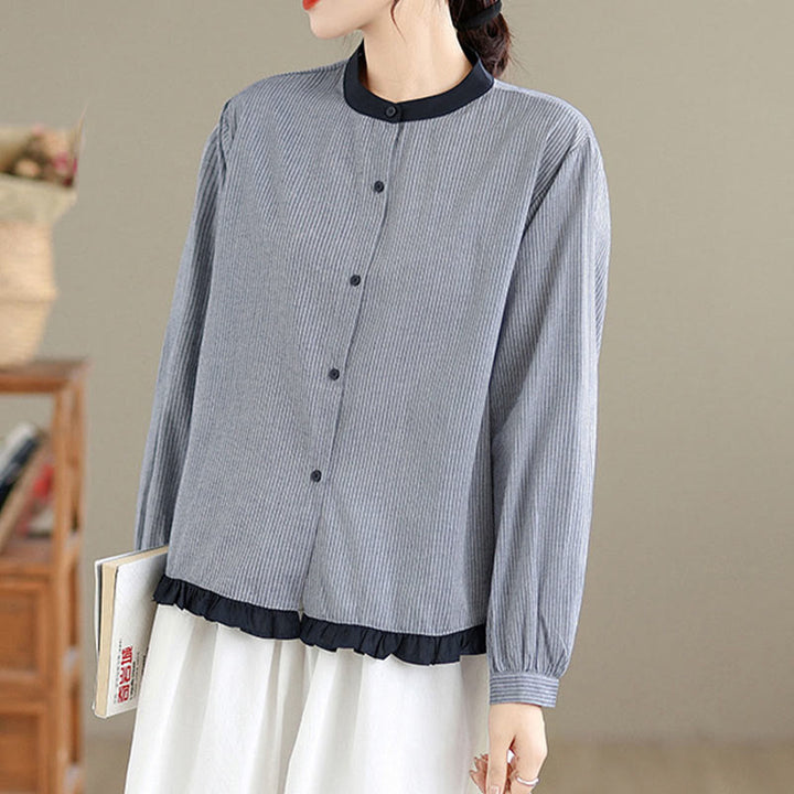 Camisa de manga larga de algodón para mujer con estampado de cuadros y rayas otoñales con Buddha Stones y dobladillo con volantes y botones. - image 8