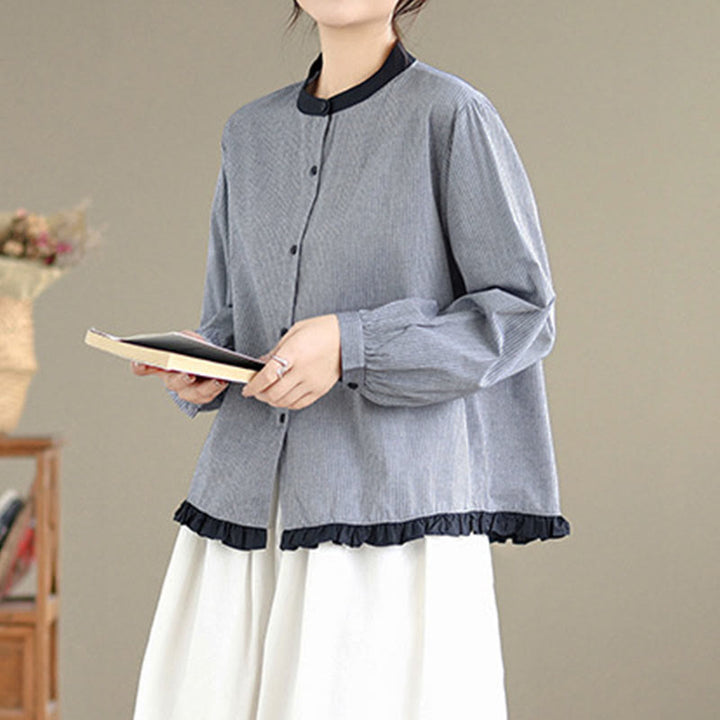 Camisa de manga larga de algodón para mujer con estampado de cuadros y rayas otoñales con Buddha Stones y dobladillo con volantes y botones. - image 12