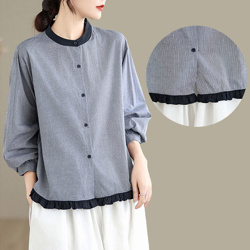 Camisa de manga larga de algodón para mujer con estampado de cuadros y rayas otoñales con Buddha Stones y dobladillo con volantes y botones. - image 15