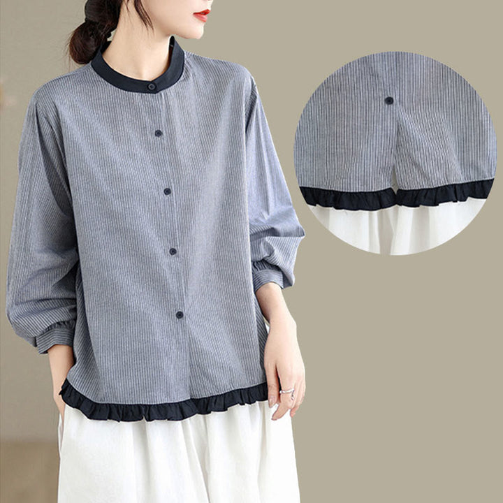 Camisa de manga larga de algodón para mujer con estampado de cuadros y rayas otoñales con Buddha Stones y dobladillo con volantes y botones. - image 15