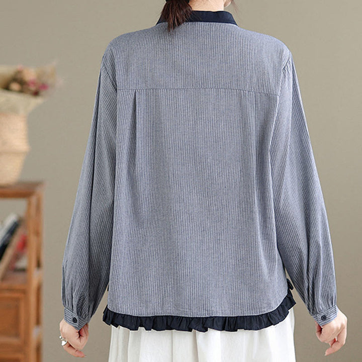 Camisa de manga larga de algodón para mujer con estampado de cuadros y rayas otoñales con Buddha Stones y dobladillo con volantes y botones. - image 11