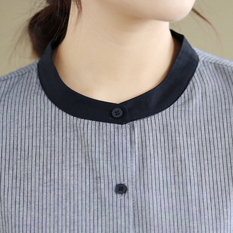 Camisa de manga larga de algodón para mujer con estampado de cuadros y rayas otoñales con Buddha Stones y dobladillo con volantes y botones. - image 16