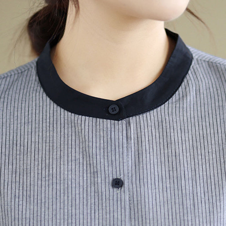 Camisa de manga larga de algodón para mujer con estampado de cuadros y rayas otoñales con Buddha Stones y dobladillo con volantes y botones. - image 16