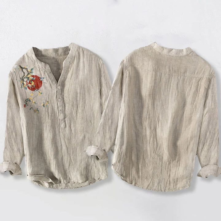 Camisa de manga larga para hombre, de algodón y lino, con botones a la mitad, estampado de Buddha Stones , osmanthus y sol rojo. - image 2