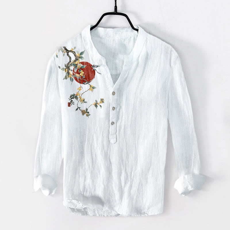 Camisa de manga larga para hombre, de algodón y lino, con botones a la mitad, estampado de Buddha Stones , osmanthus y sol rojo. - Blanco - US/UK/AU50, EU60 (5XL) - image 6