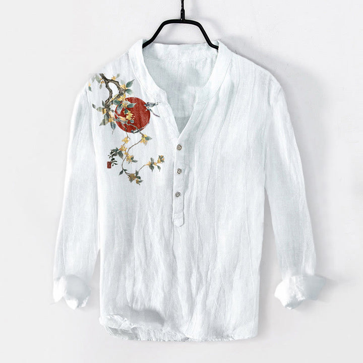 Camisa de manga larga para hombre, de algodón y lino, con botones a la mitad, estampado de Buddha Stones , osmanthus y sol rojo. - Blanco - US/UK/AU50, EU60 (5XL) - image 6