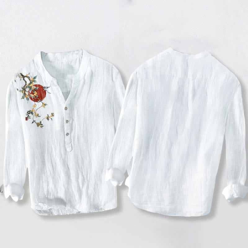 Camisa de manga larga para hombre, de algodón y lino, con botones a la mitad, estampado de Buddha Stones , osmanthus y sol rojo. - image 8