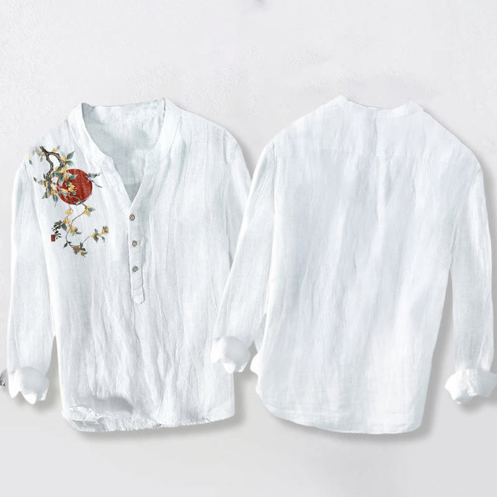 Camisa de manga larga para hombre, de algodón y lino, con botones a la mitad, estampado de Buddha Stones , osmanthus y sol rojo. - image 8