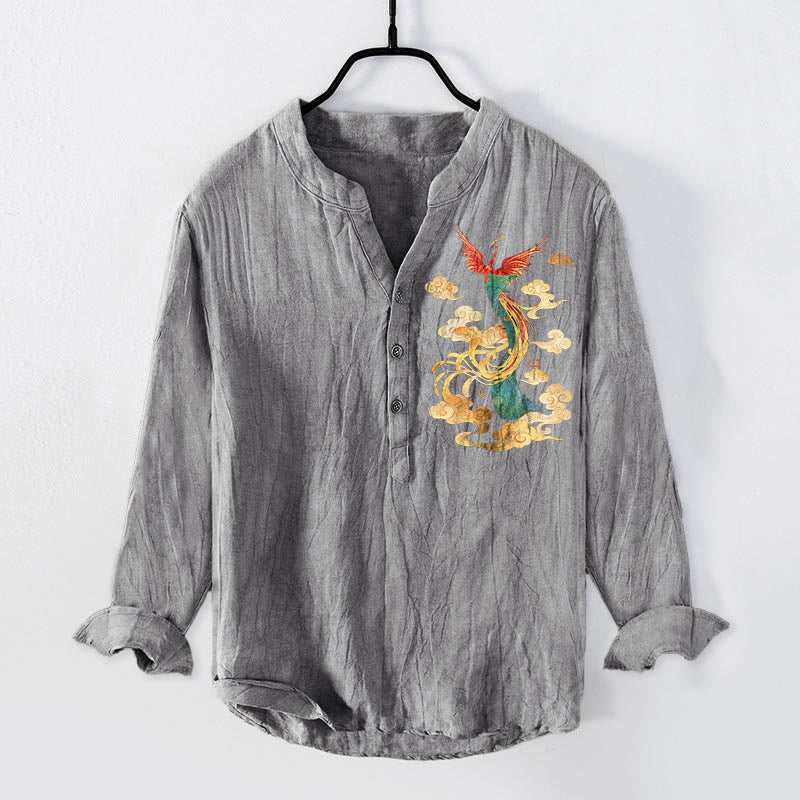 Camisa de manga larga para hombre, de algodón y lino, con botones a la mitad, estampado de nubes y fénix brillantes con Buddha Stones. - Gris - US/UK/AU50, EU60 (5XL) - image 0