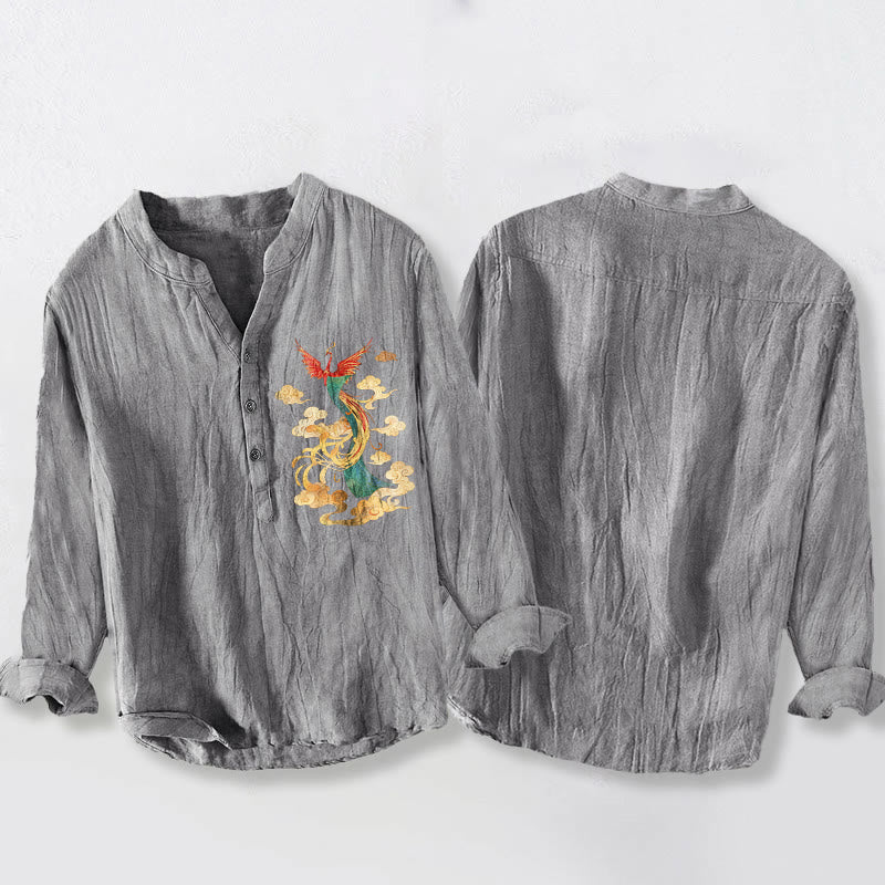 Camisa de manga larga para hombre, de algodón y lino, con botones a la mitad, estampado de nubes y fénix brillantes con Buddha Stones. - image 2