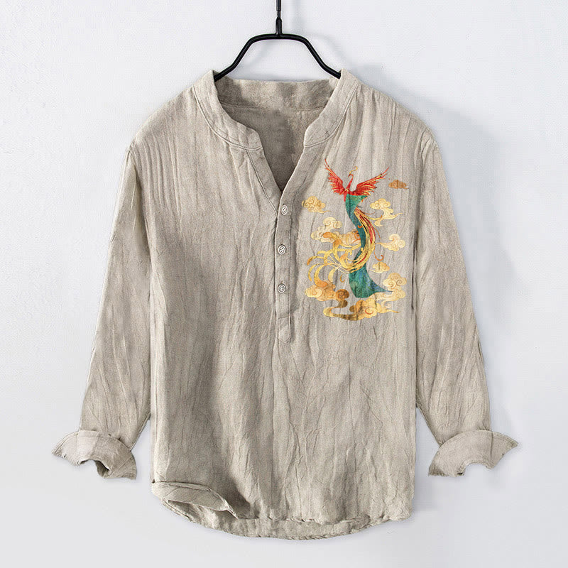 Camisa de manga larga para hombre, de algodón y lino, con botones a la mitad, estampado de nubes y fénix brillantes con Buddha Stones. - Lino - US/UK/AU50, EU60 (5XL) - image 3