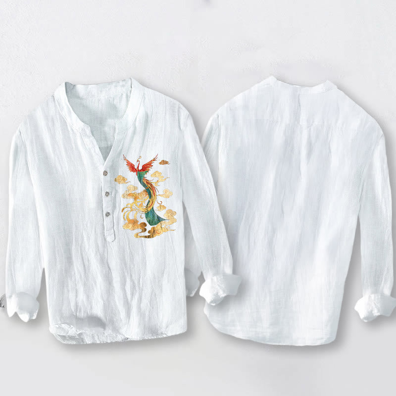 Camisa de manga larga para hombre, de algodón y lino, con botones a la mitad, estampado de nubes y fénix brillantes con Buddha Stones. - image 8