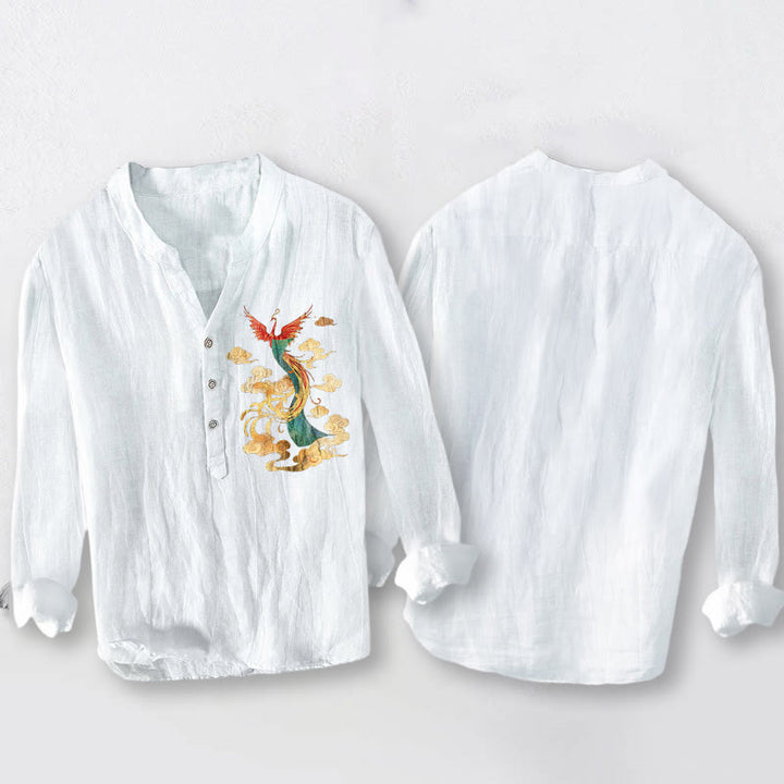 Camisa de manga larga para hombre, de algodón y lino, con botones a la mitad, estampado de nubes y fénix brillantes con Buddha Stones. - image 8