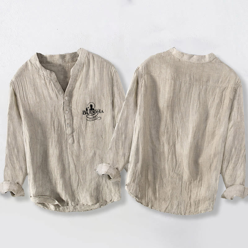 Camisa de manga larga para hombre, de algodón y lino, con Buddha Stones, imagen de Buda y palabra "loto", botones a la mitad. - image 2